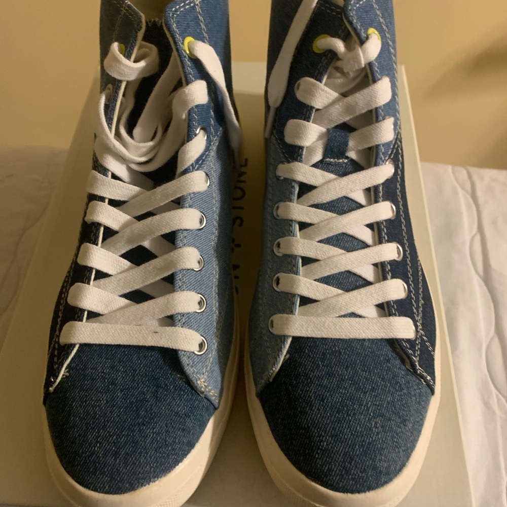 SUN STONE Mens Blue Patchwork Mesa Round Toe Platform Lace-Up Sneakers 9.5 M